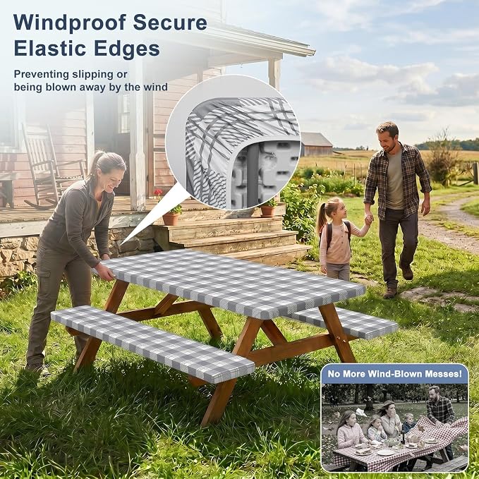 Picnic Table Cover with Bench Covers Windproof Waterproof Picnic Table Covers Camping Tablecloth with Self-Storage Bag, 72in, Light Grey