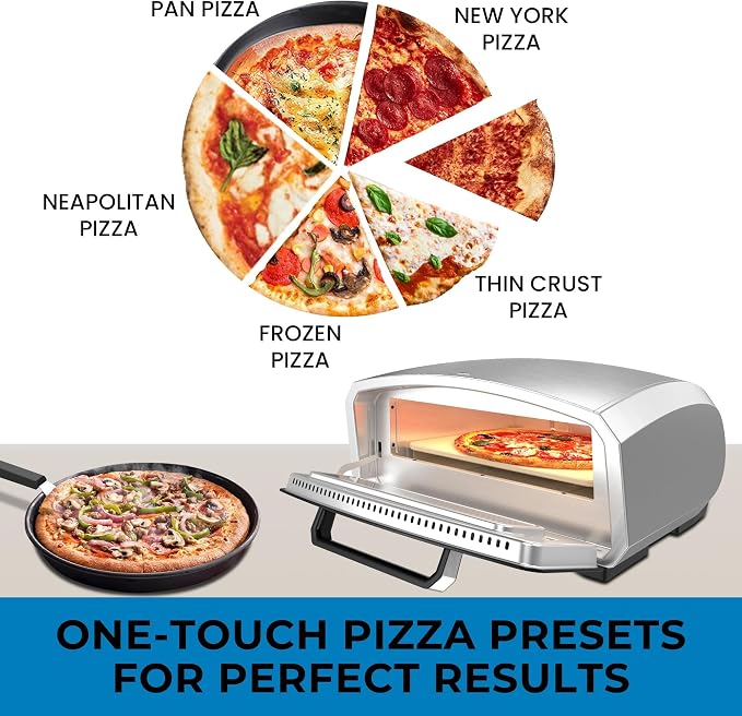 Kenmore Outdoor Indoor Electric Pizza Oven - Makes 13 inch Wood Fired Style Pizza At 850F High Heat, Weather Resistant, 5 Presets, Pizza Stone & Peel, Stainless Steel Horno Electrico