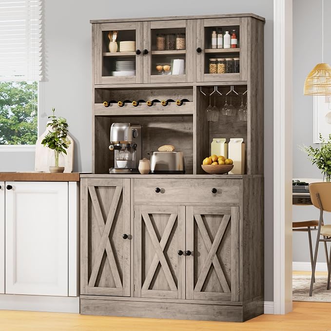 DWVO 71''H Pantry Cabinet with Drawer, Doors, Goblet Holder, Wine Rack for Storage, Pantry Cabinet with Power Outlet for Kitchen & Living Room (Grey Oak) | Tall Cabinet with Doors, Shelves & Drawer, Buffet Cabinet with Goblet Holder and Wine Rack for K...