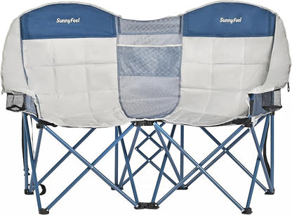 SUNNYFEEL Double Camping Chair Oversized Loveseat for Adults | 600LBS Heavy Duty Padded Camping Couch with Cup Holder, Storage Pockets & Carry Bag for Patio RV/ Lawn/ Backyard