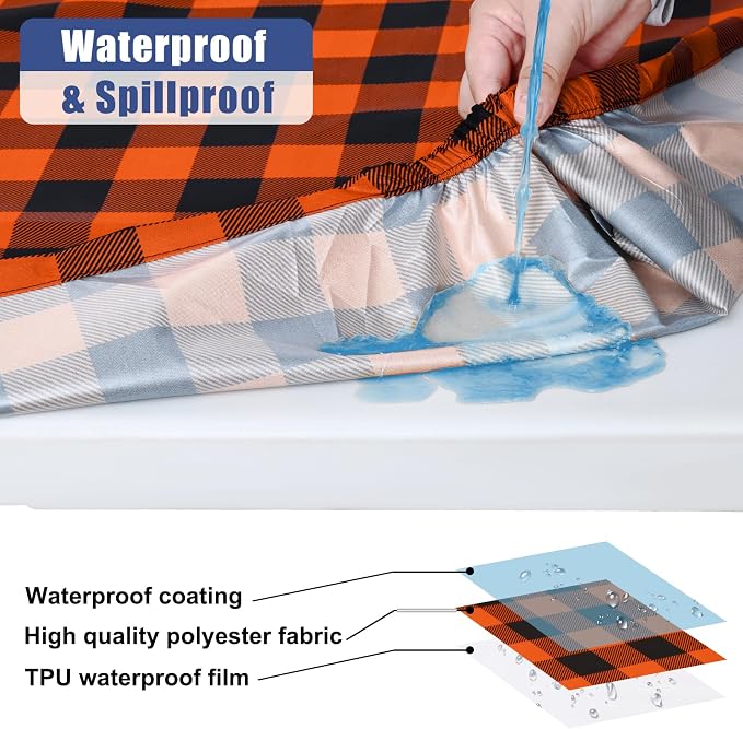 Smiry Picnic Table Cloth 2 Pack, Waterproof Elastic Fitted Tablecloths for 6FT Rectangle Tables, Washable Polyester Buffalo Plaid Tablecloth for Camping, Dining & Outdoor (Black & Orange, 30" x 72")