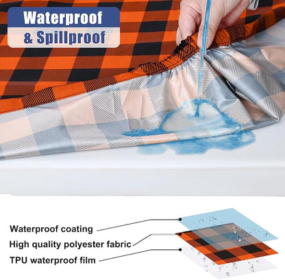 Smiry Picnic Table Cloth 2 Pack, Waterproof Elastic Fitted Tablecloths for 6FT Rectangle Tables, Washable Polyester Buffalo Plaid Tablecloth for Camping, Dining & Outdoor (Black & Orange, 30" x 72")