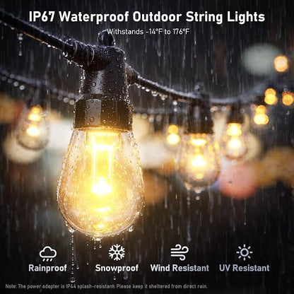 CAWWS Outdoor String Lights 50FT, Super Bright Warm White LED Patio Lights | 2700K Warm White, App & Remote Control, Dimmable, 20 Shatterproof LED Bulbs, IP67 Waterproof, Replaceable LED Chips