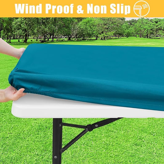 Rectangle Table Cloth, Waterproof Elastic Fitted Tablecloth for 8 Foot Folding Tables, Washable Polyester Tablecloths for Picnic, Camping, Outdoor (Teal, 30"x96")