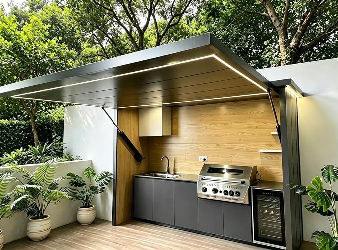 Modern Modular Outdoor Kitchen Island with Retractable Roof Cover, Built-in BBQ Grill Station, Mobile Outdoor BBQ Cooking Station for Backyard Patio Garden