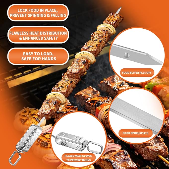 BBQ Skewers for Grilling - 16" Flat Stainless Steel Shish Kabob Skewers with Push Bar Slider - Reusable Metal Kebab Sticks for Meat, Chicken, Shrimp & Vegetables, Set of 6