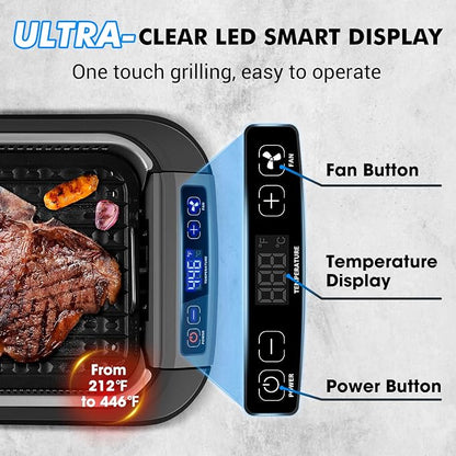 CUSIMAX Smokeless Indoor Grill, 1500W Electric Grill Korean BBQ Grill Black | Adjusting Temperature/With Smart LED Display/Turbo Smoke Extractor/Non-stick Removable Grill Plate/Tempered Glass Lid