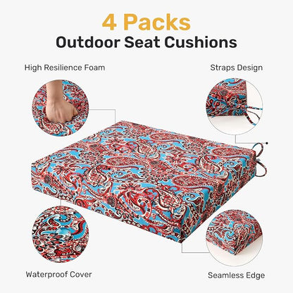 UNIKOME Outdoor Chair Cushions Pack of 4, Water Resistant Patio Cushions with Ties, High Density Sponge Filling Square Corner Seat Cushions for Outdoor Furniture, 18.5"*16"*3", Brown Paisley