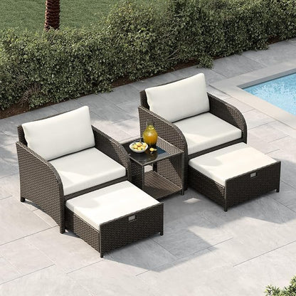 Garvee 5-Piece Outdoor Patio Conversation Set with Hidden Ottomans | PE Rattan Wicker Patio Furniture with Soft Cushions & Glass Coffee Table, Outdoor Lounge Chairs for Porch, Backyard (Beige)