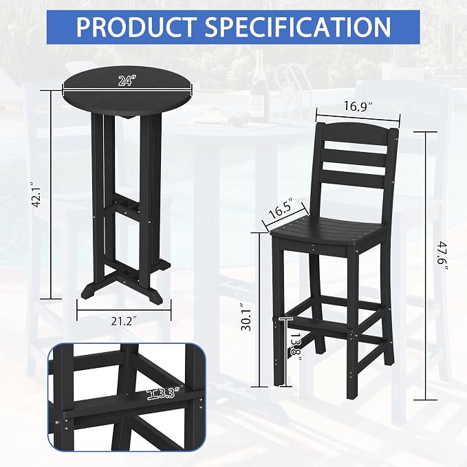 Shintenchi 3 Pieces Outdoor High Top Bar Set, 1 Patio High Top Round Table and 2 Bar Height Tall Adirondack Chair, All-Weather Outdoor Bistro Bar Set for Balcony Pool Deck, Black