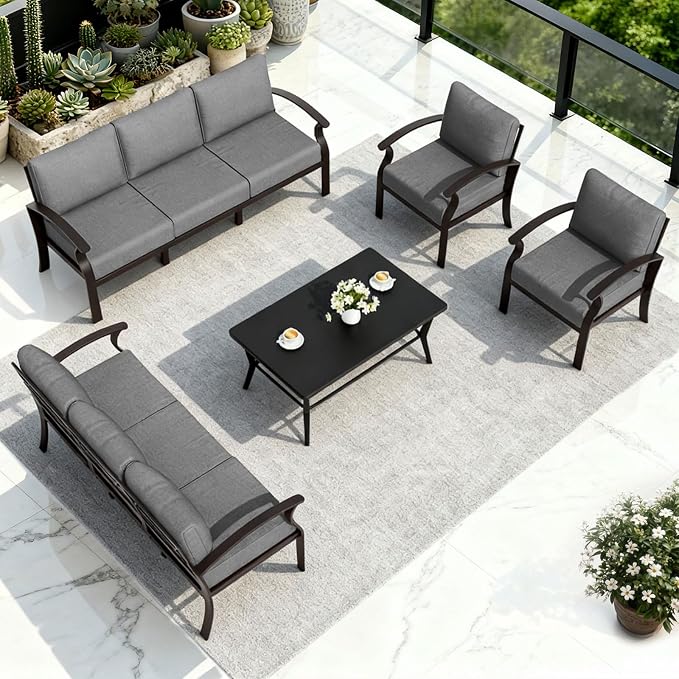 ALAULM Aluminum Patio Furniture Set with Coffee Table Rectangular, 8-seat Outdoor Sectional Furniture w/5.1" Cushions, Patio Conversation Set for Porch, Backyard, Poolside-Grey