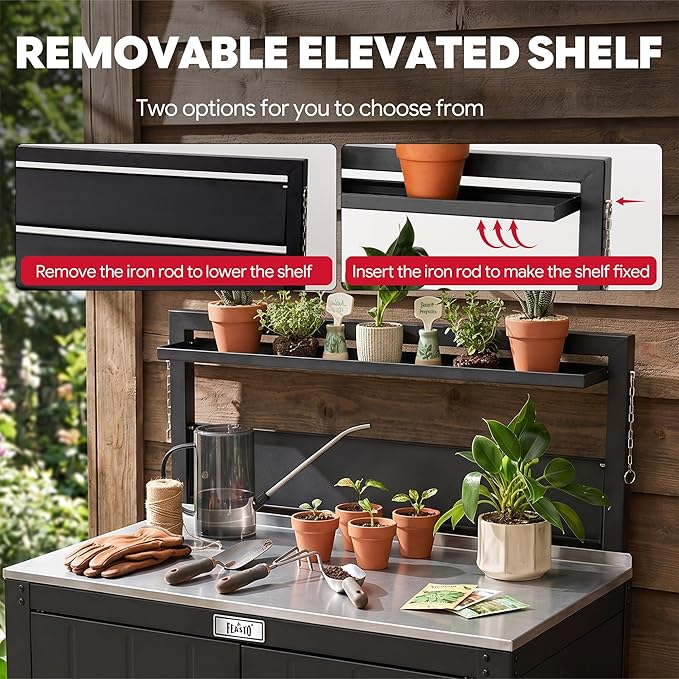 Feasto Outdoor Potting Bench Table with Storage Cabinet, Stainless Steel Garden Workstation, Raised-Edge Top, Adjustable Shelf & Removable Hutch for Patio, Balcony & Outdoor Workspace, Black