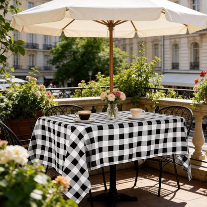 Poise3EHome Rectangle Outdoor Tablecloth with Umbrella Hole and Zipper,Black and White Gingham 84x60 Inch,SpillProof Washable Table Cloth for Spring Summer Patio Garden Poolside Picnic Camping BBQS
