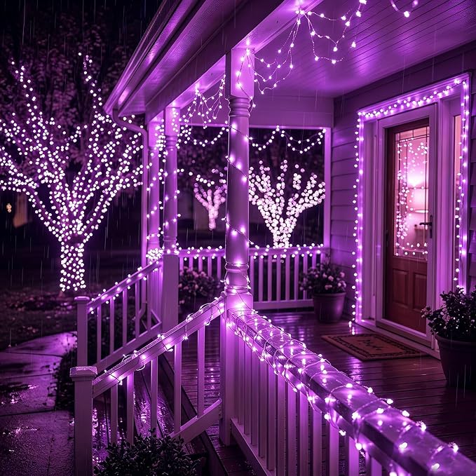 Solar String Lights 2 Pack Total 66FT 200LED Solar Fairy Lights Outdoor Waterproof 8 Lighting Modes Twinkle Lights for Patio, Garden Yard Party Wedding Tree Christmas Halloween Decoration, Purple