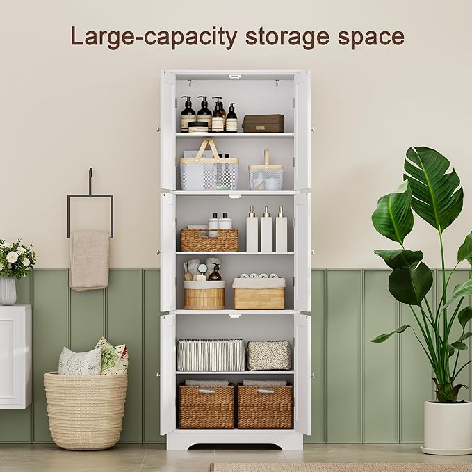 ChooChoo 63.2" Tall Bathroom Storage Cabinet with 6 Doors | Freestanding Floor Cabinet, Adjustable Shelves, Pantry Cabinet for Bathroom, Kitchen, Laundry Room, White
