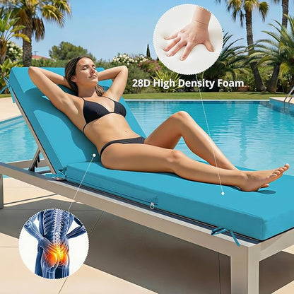 Fabuday Chaise Lounge Chair Cushions for Outdoor Furniture - 72 x 21 x 3 Inch Waterproof Patio Pool Sunbrella Lounger Pads Replacement with Removable Cover, Teal, Set of 2