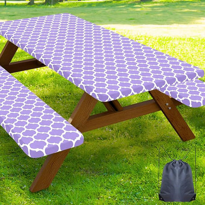 Smiry Picnic Table Cover with Bench Covers, Waterproof Elastic Fitted Tablecloth for 5 Foot Tables, Washable Polyester Tablecloths for Camping, Indoor & Outdoor (Lavender, 30x60 Inch 3-pc Set)