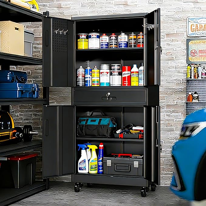 Metal Garage Storage Cabinet with Drawer and Pegboard Doors, 71'' Tall Storage Cabinet with Adjustable Shelves and Lock, Rolling Tool Cabinet on Wheels for Garage, Utility Room (Black)