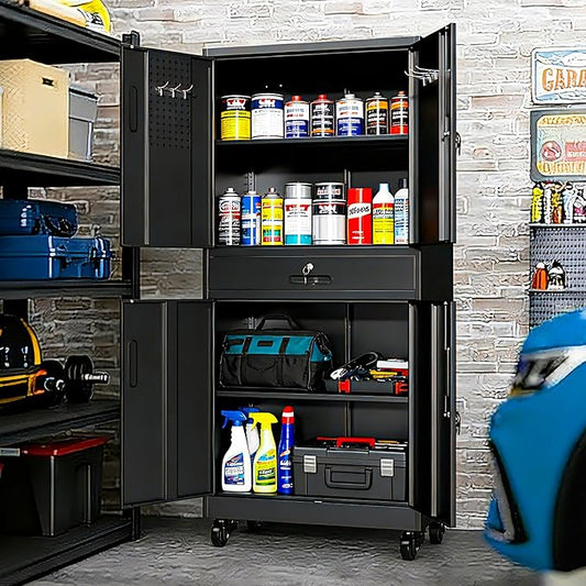 Metal Garage Storage Cabinet with Drawer and Pegboard Doors, 71'' Tall Storage Cabinet with Adjustable Shelves and Lock, Rolling Tool Cabinet on Wheels for Garage, Utility Room (Black)