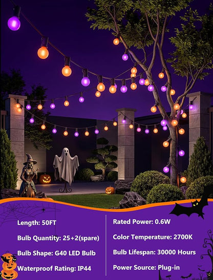 50FT G40 Halloween Orange and Purple Globe String Lights Outdoor Waterproof | Hanging Patio Light with 27 LED G40 Globe Bulbs, Plug in Outdoor Halloween Decorations Lights for Party Porch Garden Backyard