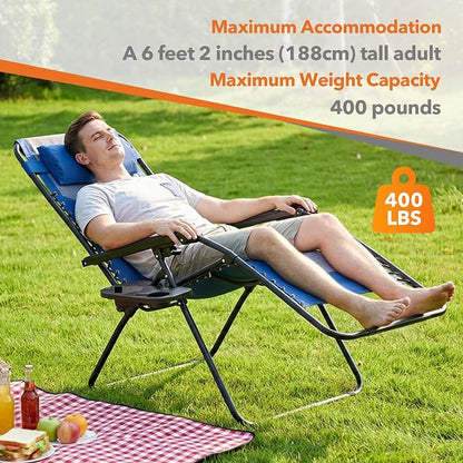 Sweetcrispy Zero Gravity Chairs, Foldable Patio Reclining Chairs with Adjustable Pillow & Cup Holder, Oversized Portable Support 400 lbs, for Backyard Camping, Blue-Gray