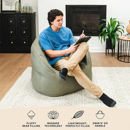 Big Joe Milano w/Vibe Vibrating Massage Bean Bag Chair for Kids, Teens, Adults, Olive Green, Vegan Leather, Lightweight Seat for Reading Nook and Gaming 2.5 Foot Refillable