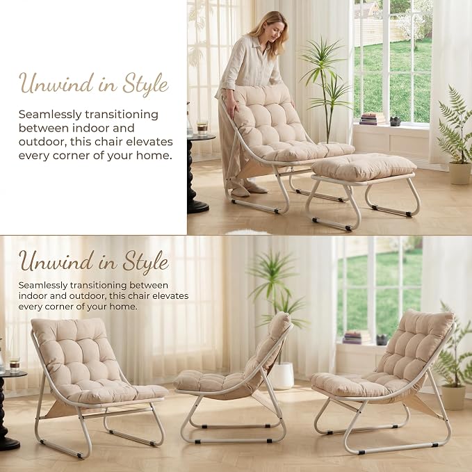Rocking Chair with Ottoman, Modern Metal Frame Outdoor Rocker, Comfy Patio Lounge Chair with Footrest, Reading Glider Chairs for Living Room, Bedroom, Balcony, Garden, Relax, Beige