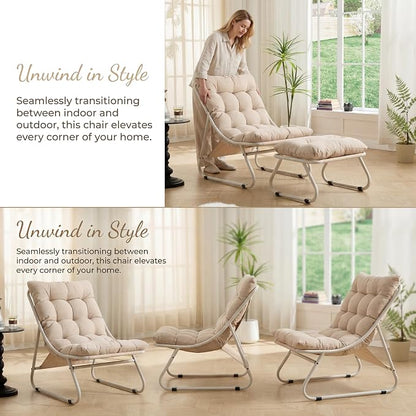 Rocking Chair with Ottoman, Modern Metal Frame Outdoor Rocker, Comfy Patio Lounge Chair with Footrest, Reading Glider Chairs for Living Room, Bedroom, Balcony, Garden, Relax, Beige