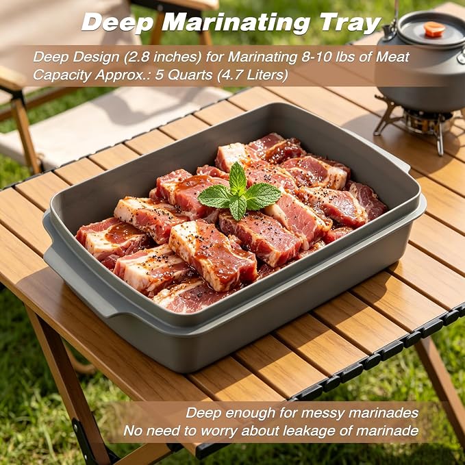 Sunmei Grill Prep and Serving Trays, 3-in-1 Stackable BBQ Food Tray, 5PCS BBQ Serving Set with Marinating Container, Serving Platter, Cutting Board and 2PCS Colored 12-Inch Grill Tongs (Gray)