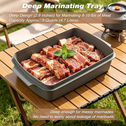 Sunmei Grill Prep and Serving Trays, 3-in-1 Stackable BBQ Food Tray, 5PCS BBQ Serving Set with Marinating Container, Serving Platter, Cutting Board and 2PCS Colored 12-Inch Grill Tongs (Gray)