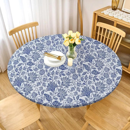 LIBERECOO Round Vinyl Fitted Tablecloth with Flannel Backing Elastic Edge Table Cover Waterproof Stain-Resistant Wipeable Tablecloths Fits 45-56 Inch Round Tables