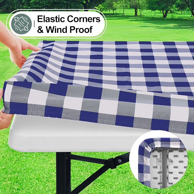 Buffalo Rectangle Picnic Tablecloth, 8 Foot Elastic Fitted Vinyl Table Cloth with Flannel Backing, Waterproof Plaid Table Covers for Dining, Camping, Outdoor (Navy and White, 30" x 96")