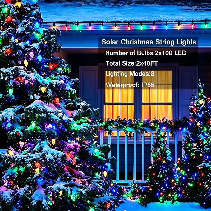 Solar String Strawberry Lights Outdoor 2 Pack 200 LED 80Ft Multi-Color Christmas Fairy Lights with 8 Lighting Modes, Waterproof Solar Lights Outdoor for Garden Christmas Wedding Xmas Tree Decoration