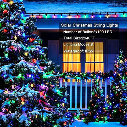 Solar String Strawberry Lights Outdoor 2 Pack 200 LED 80Ft Multi-Color Christmas Fairy Lights with 8 Lighting Modes, Waterproof Solar Lights Outdoor for Garden Christmas Wedding Xmas Tree Decoration