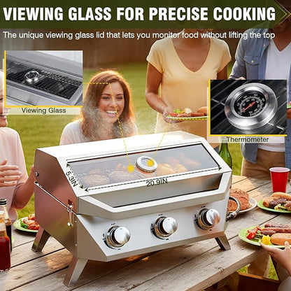BESTFIRE 3-Burner Tabletop Gas Grill with Viewing Glass, 30,000 BTU Stainless Steel Portable Propane BBQ Grill with Thermometer, Professional Outdoor Cooking for Patio, Camping, RV and Tailgating