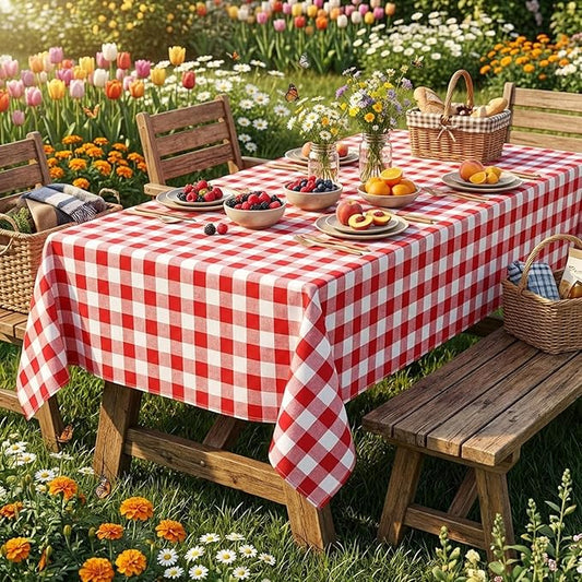 B-COOL Red Plaid Tablecloth Gingham Fabric: Checkered Tablecloths Overlays 56x84 Inches Red and White Valentines Day Picnic Desk Covers for Rectangle Table
