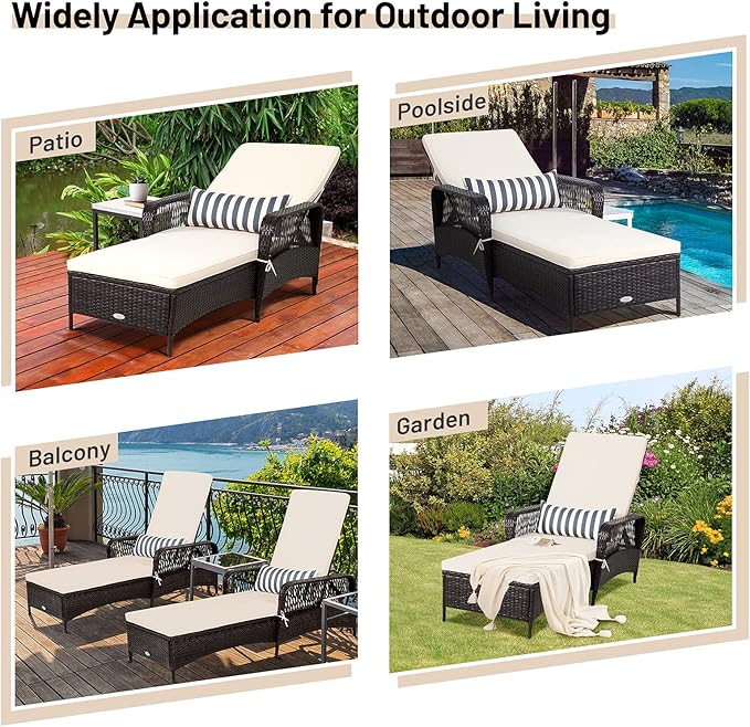 COSTWAY PE Rattan Chaise Lounge Chair, 6 Gear Adjustable Recliner with Armrest & Pillow, Wicker Outdoor Furniture for Deck, Patio (2, Brown)