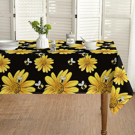 Horaldaily Summer Tablecloth 60 x 120 Inch Rectangular Bumble Bee | Yellow Sunflower Black Fall Washable Table Cover for Party Picnic Dinner Decor