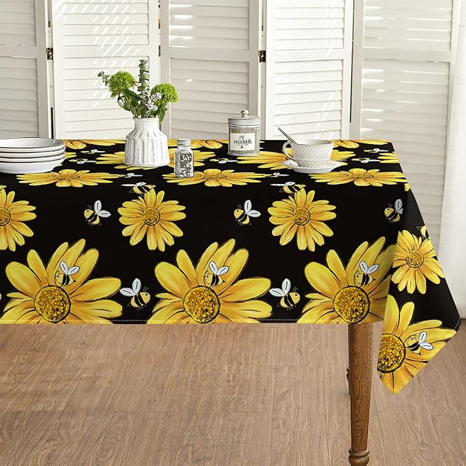Horaldaily Summer Tablecloth 60 x 84 Inch Rectangular Yellow Sunflower | Bumble Bee Black Fall Washable Table Cover for Party Picnic Dinner Decor