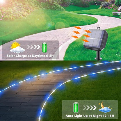 Solar Rope Lights, 33ft 100LED Solar String Lights, 8 Modes Waterproof Solar Outdoor Light, Flexible Clear Trampoline Light for Garden Backyard Patio Deck Porch Pool Tree Decoration - White & Blue