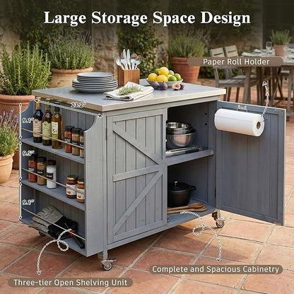 Outdoor Kitchen Island with 4 Locking Wheels, 42”Stainless Steel Top Grill Prep Station, Solid Fir Wood Storage Cabinet with 5-Tier Side Shelf and Adjustable Rack for Patio and BBQ, Grey Blue