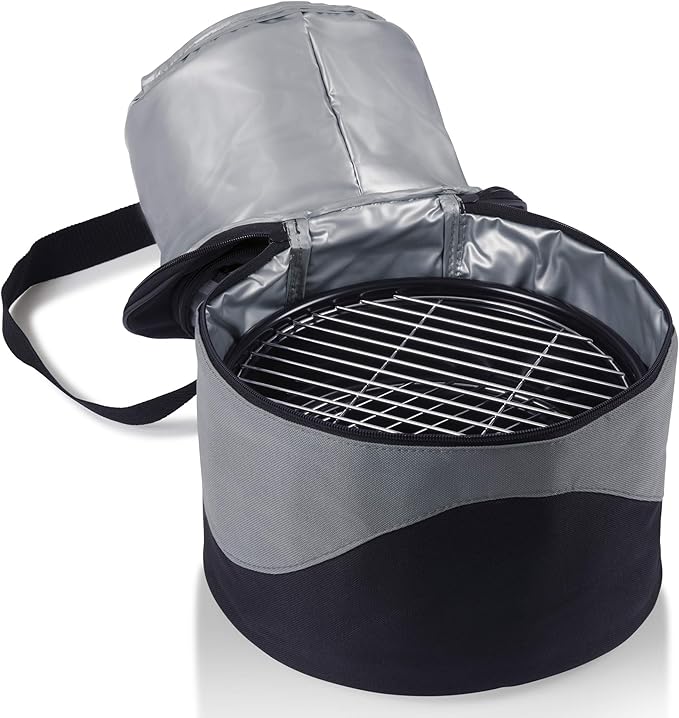 PICNIC TIME Caliente Portable Charcoal Grill & Cooler Tote, Take Anywhere BBQ Grill with Enameled Fire Bowl and Carrying Tote that Doubles as Cooler for Outdoor Cooking Use, (Black with Gray Accents)