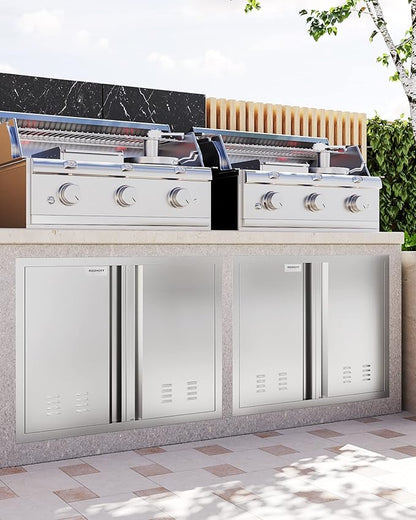 26" W X 24" H BBQ Access Door, Outdoor Kitchen Double Doors with Recessed Handle and Vents, Thickened 304 Stainless Steel Outdoor Kitchen Accessories Door for Indoor, Outdoor, Silver
