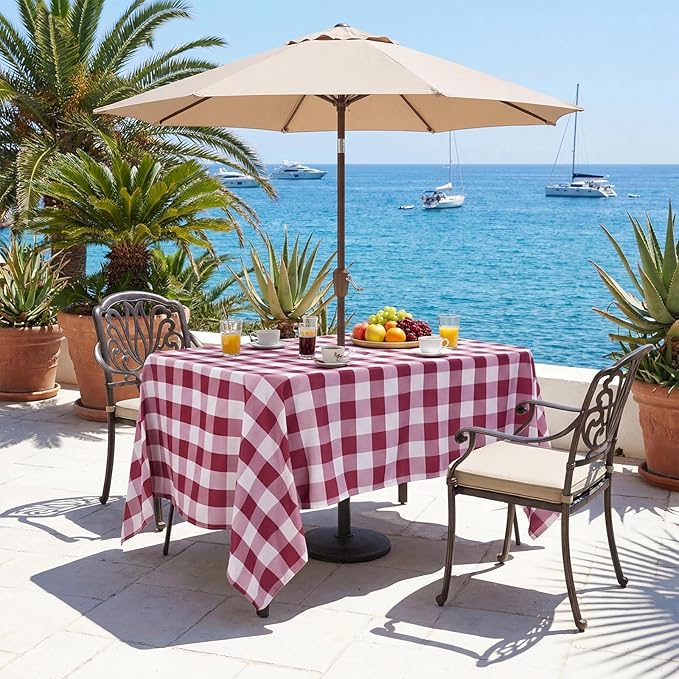 Poise3EHome Rectangle Outdoor Tablecloth with Umbrella Hole and Zipper,Burgundy Checkered 70x52 Inch,SpillProof Washable Table Cloth for Spring Summer Patio Garden Poolside Picnic Camping BBQS