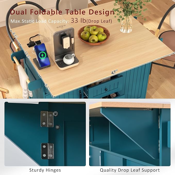 Ball & Cast Large Green Rectangular Kitchen Island with 2 Drop Leaf, 3 Drawers, 2 Doors, Folding Storage Dining Table, Spice & Towel Rack, Power Outlet & USB Port, 5 Wheels, 55.7"W x 34"D x 36.5"H