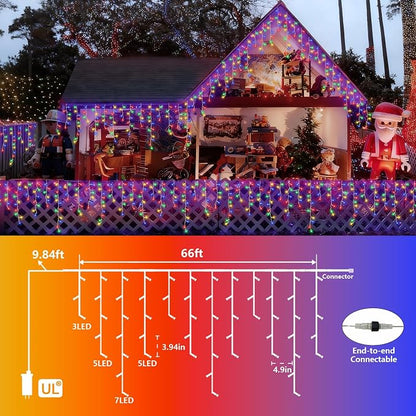 YEGUO 66ft 800 LED Christmas Lights Outdoor Waterproof, 160 Drops Christmas Icicle Light Indoor, 8 Modes Icicle Xmas Lights with Memory Timer(Multicolor)