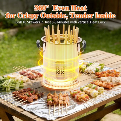 Smokeless Charcoal Hanging Grill, Stainless Steel Mini Kebob Grill with 16 Skewers, Portable Surround Charcoal kebab Grill for Home Party Outdoor Camping