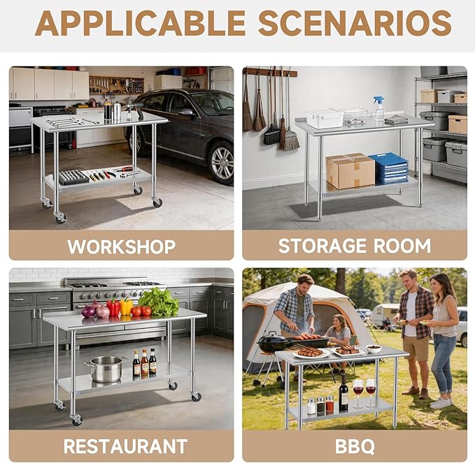 ROCKPOINT All Stainless Steel Prep Table with Caster 24x30 Inch, Commercial Heavy Duty Workbench with Stainless Legs & Adjustable Undershelf, 710 lb Capacity for Outdoor Kitchens with Wheel
