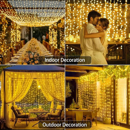 Upgraded Solar Curtain Lights 10x10Ft 300LED Solar Powered Waterfall Lights for Patio Gazebo Backdrop Wedding Party with USB Rechargeable Remote Timer Hanging Twinkle Fairy String Lights