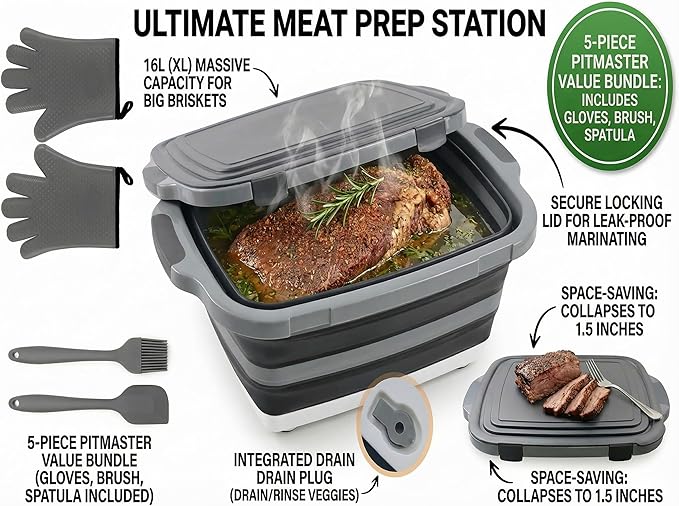 Collapsible BBQ Prep Tub with Lid & Cutting Board 16L - XL Meat Marinating Basin & Grill Carry System - 5pc Set with Heat Resistant Gloves, Basting Brush & Spatula (Black, Large, 16L)